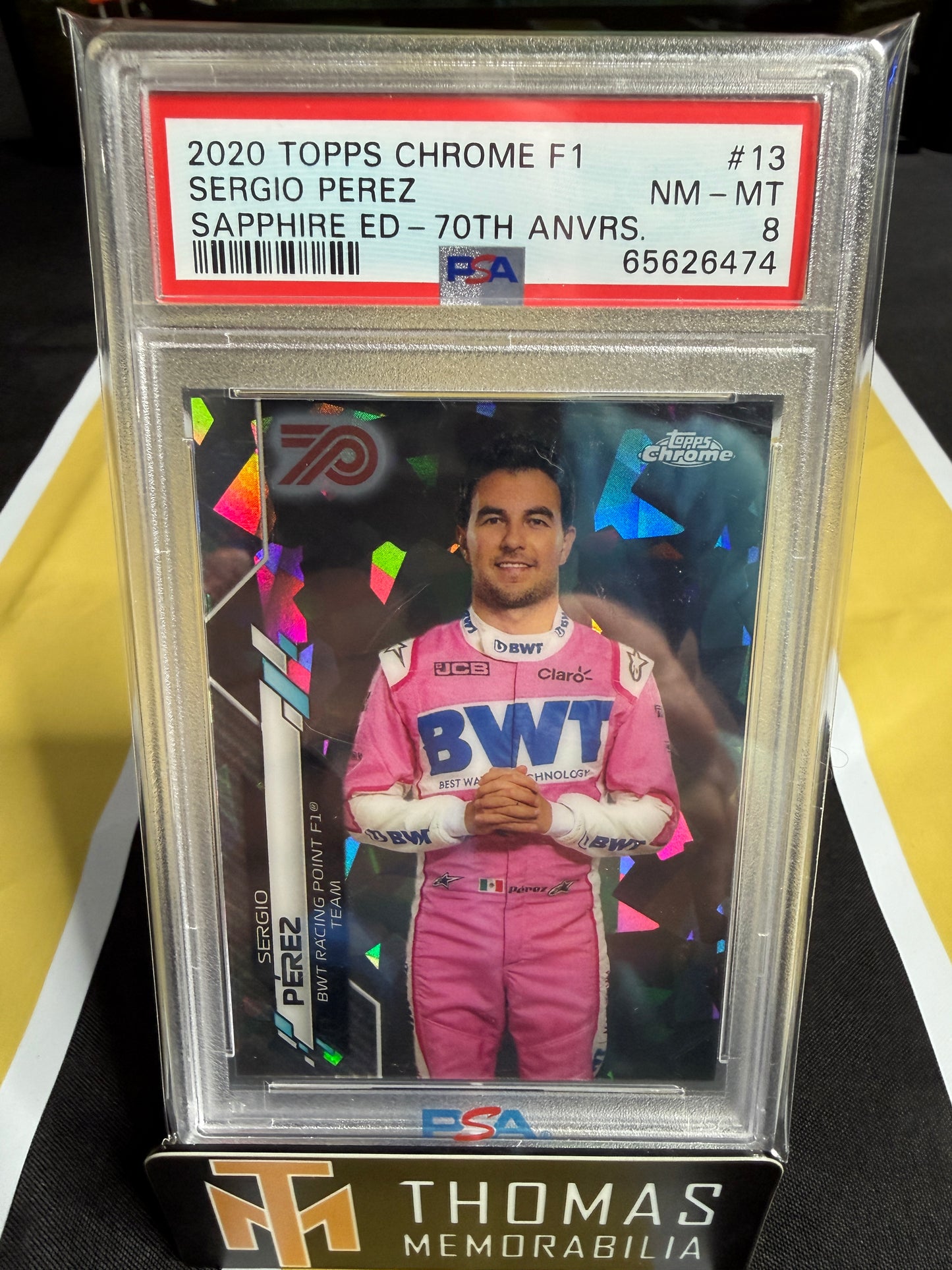 Sergio Perez 2020 Topps Chrome Sapphire F1 70th Anniversary #13 PSA 8
