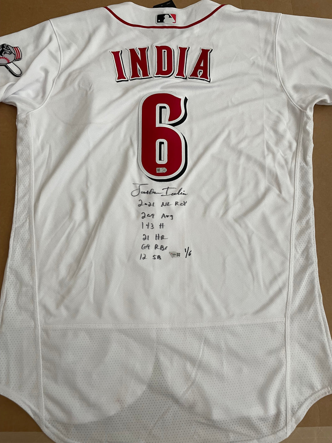 Jonathan India LE Cinn Reds Autographed White Nike Authentic Jersey w/ 2021 stats LE 1/6